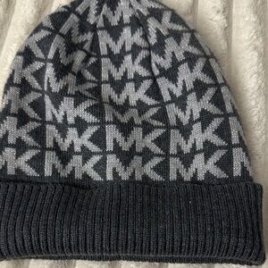 Michael Kors knit beanie in charcoal and gray MK logo pattern
